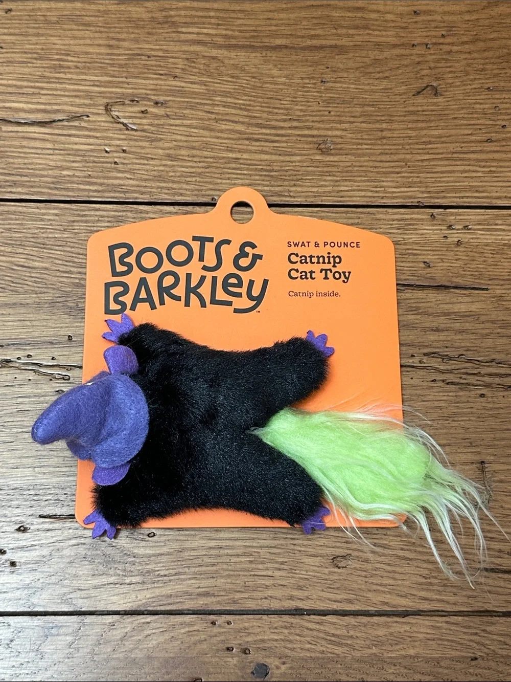 Boots & Barkley Black Plush Flying Squirrel Cat Toy - Purple Hat and Green Tail